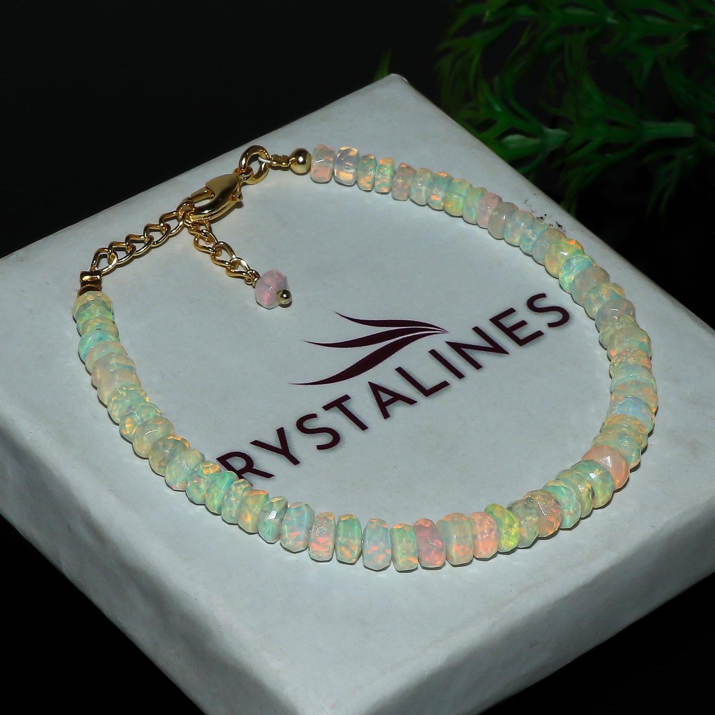 CRYSTALINES Natural Ethiopian Opal Gemstone Bracelet, 14K Gold Plated, Handmade Jewelry, Chakra Healing Crystals, Adjustable Chain, October Birthstone, Opal Stones, Gifts for Women, 8inch