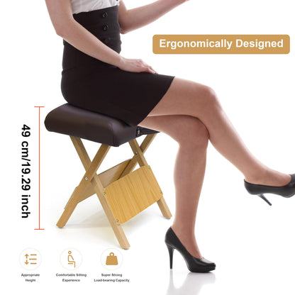Elitzia Convenient Wooden Folding Stool SPA Beauty Salon Beautician PU Sponge Soft Hand-Held Portable Travel to Folding Low Stool Comfortable Working Wood Foldable Chair Home ET20646 (Coffee Colour)