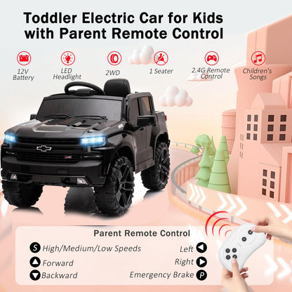 YKUNIR Kids Ride on Electric Vehicles Truck Car 12V Battery 4 Power Wheel Toy Cars for Age 1-3-5-8 Baby Toddler to Drive with Remote Control Chevrolet Silverado Pickup Kid Car for Boys Girls (Black)