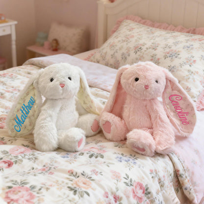 Evulum Personalized Hugging Plush Bunnies Set of 2, Valentines Day Gift for Couples, Custom Bunny Stuffed Animal with Embroidered Name/Date, Easter Gift for Kids
