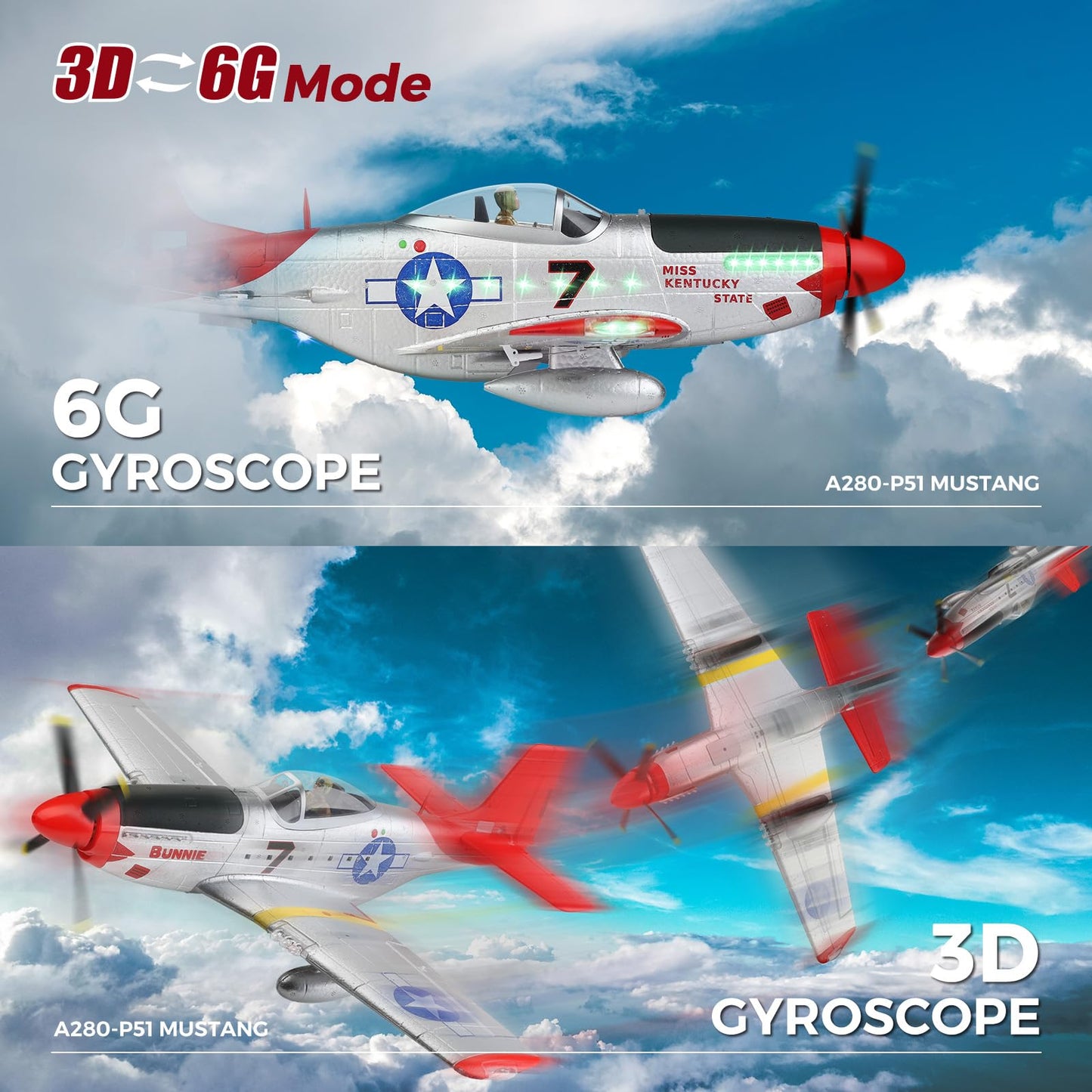 CKYSCHN WLtoys XK A280 RC Airplane, P51 Mustang 4 Channel RC Plane with Lights, 6G/3D Brushless RC Planes, 2.4G Remote Control Airplane, Hobby RC Planes Gifts for Adults