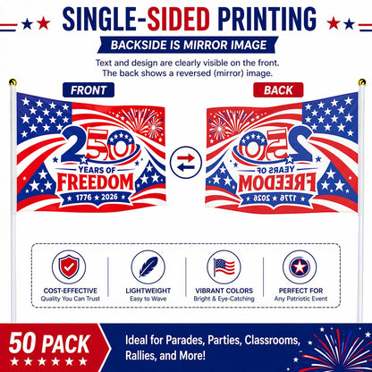America 250th Anniversary Stick Flags 25/50 Pack – 1776-2026 Patriotic Hand Held American Flags, Small Mini USA Flags for Parade, Party, Classroom, Memorial Day, Independence Day & July 4th Decorations (25)