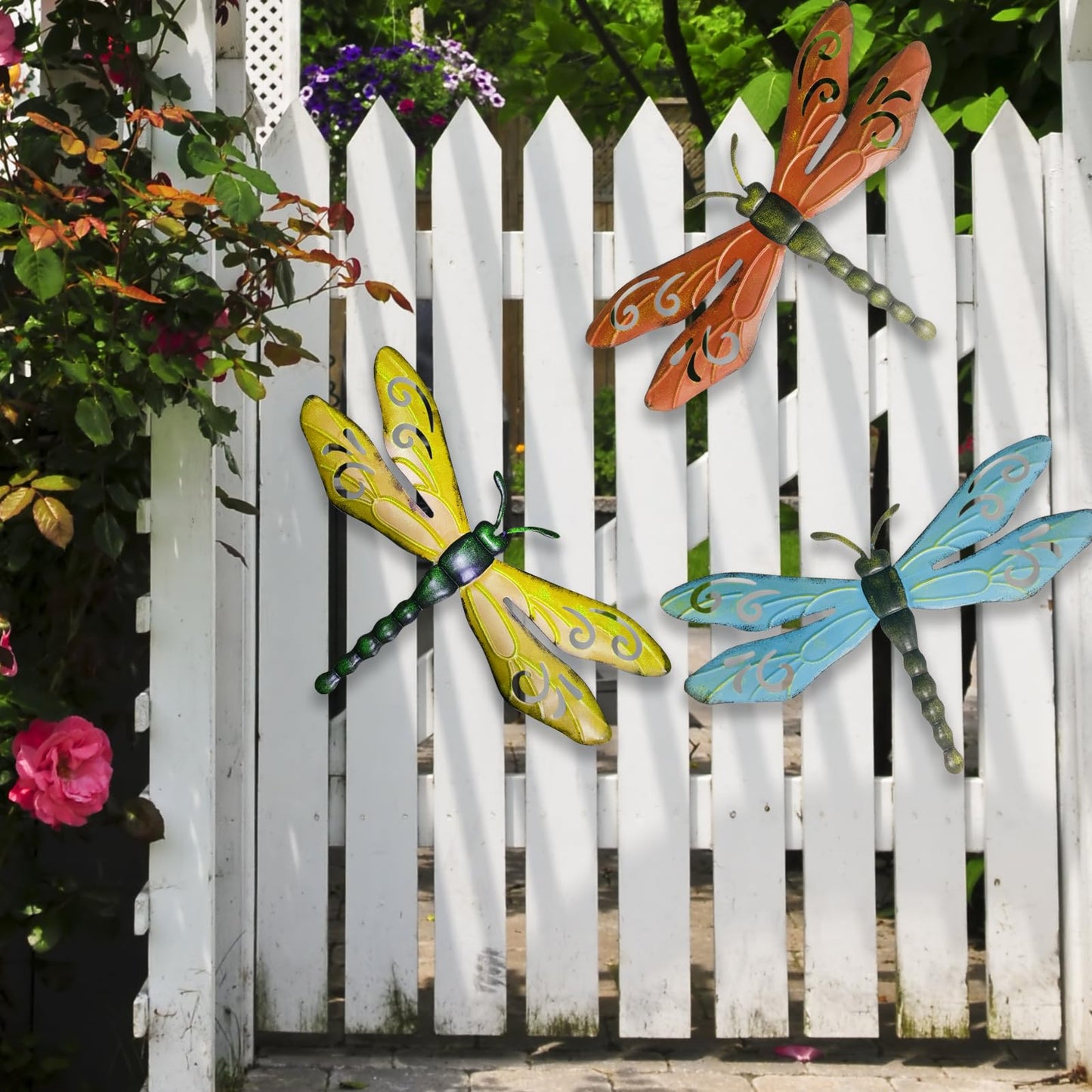 PLASUPPY Metal Dragonfly Wall Decor Outdoor Garden Fence Art Hanging Decorations for Patio, Yard, Indoor Home, Living Room, Bedroom, 3 Pack