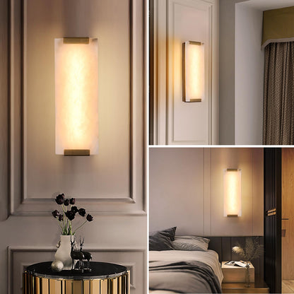 HOMLUCE 14.2in Alabaster Wall Sconce, Large Natural Marble Wall Light Decor, LED Modern Wall Lamp for Bedroom, Stairs, Living Room, Vanity, Bedside, Hallway （Brushed Bronze 12W）