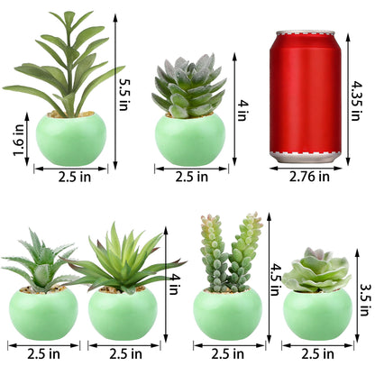 GREENTIME 6 Pcs Artificial Succulent Plants Bulk in Mini Ceramic Pots Small Fake Succulent Plant Faux Indoor Decor Bedroom Desk Bathroom Office Living Room Table Shelf Home Decoration (Green)