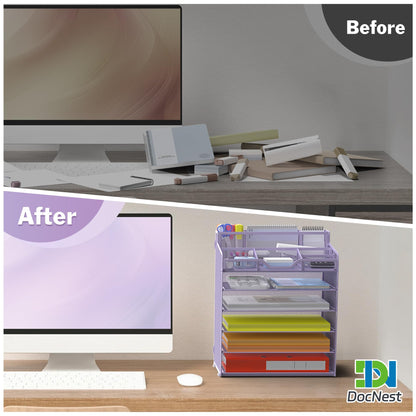 Docnest 6 Tier Mesh Desk Organizer for Paper Office Supplies – Multi-Functional Letter Tray with 5 Adjustable Compartments, 5 Pen Holders, Desktop Storage for Files, Mail, Stationery – Purple