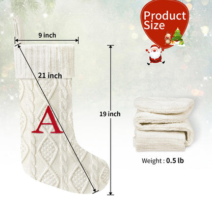 Yoochee 21 Inches Knitted Christmas Stockings with Initials, Large White Custom Monogram Embroidery Christmas Stockings with Letter, Personalized Xmas Decoration for Holiday Family Party-A