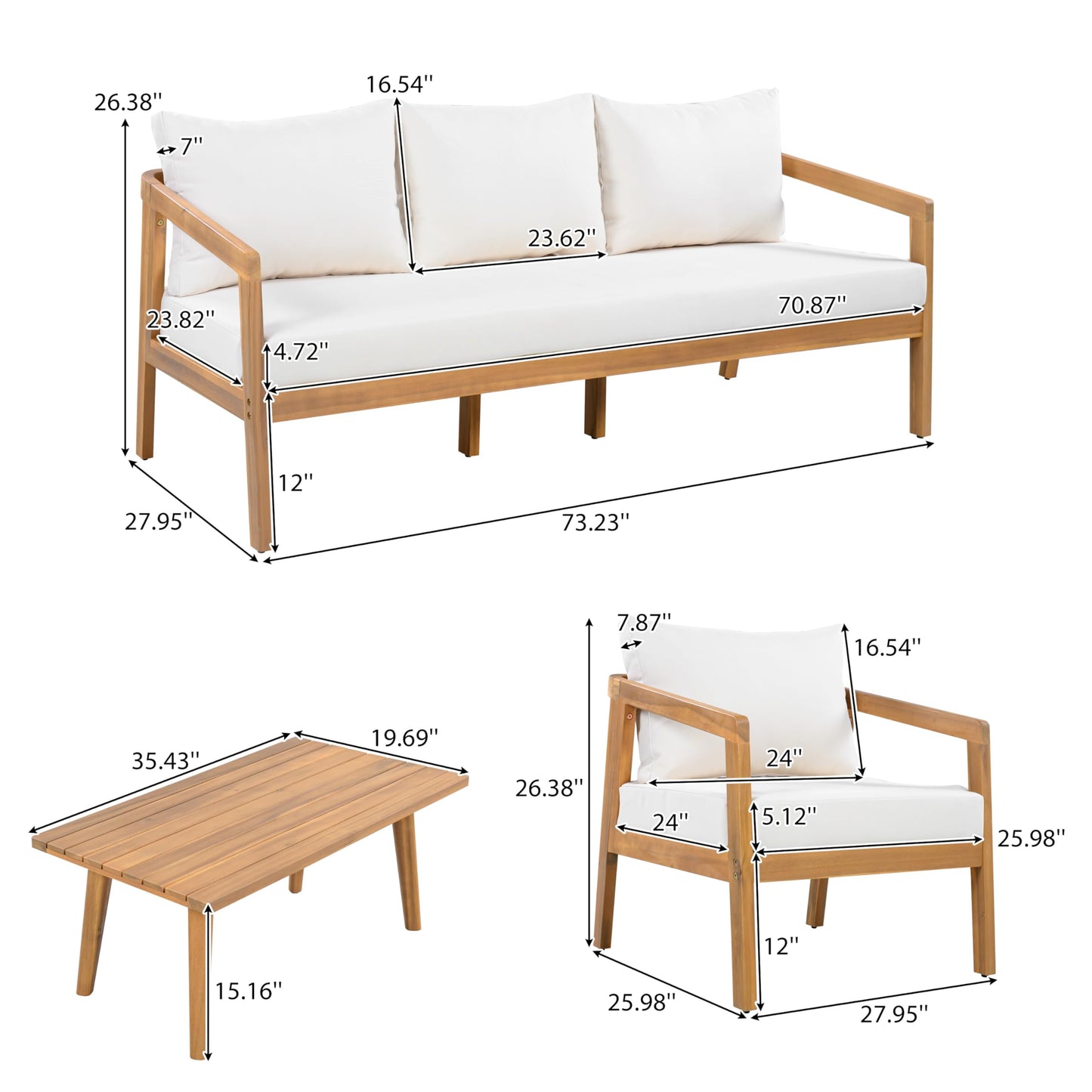 Christopher Knight Home Sures 5-Seater Patio Furniture Set with Removable Cushion, 4 Piece Outdoor Acacia Wood Conversation Set, Sold Wood Outdoor Sectional Sofa Set with Coffee Table, Natural+Beige