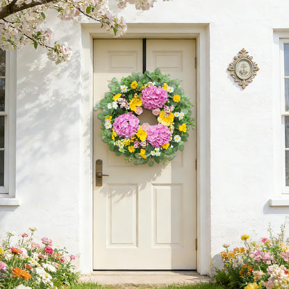 Rimalo 24 Inch Spring Summer Wreaths for Front Door - Summer Wreath with Vibrant Hydrangea, Roses, Daisies and Yellow Berries for Porch, Mantel, Farmhouse Home Decor, Outdoor Artificial Flower Wreath