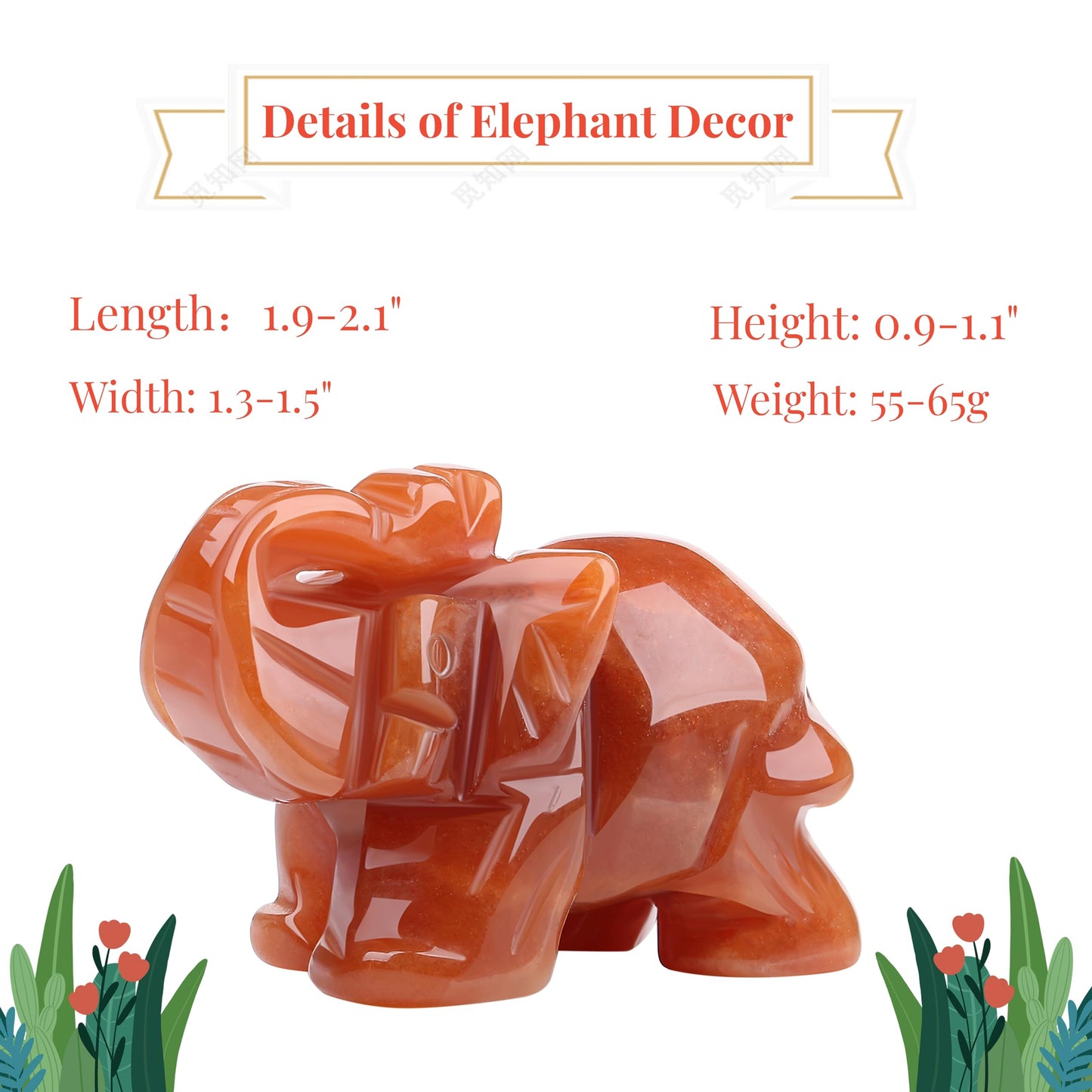 YATOJUZI 2" Red Aventurine Elephant Decor Healing Crystal Cute Polished Natural Stone Hand-Carved Sculpture Statue Figurines Gemstone Hippie Home Room Office Desk Gifts for Women Men