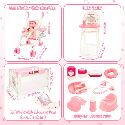 deAO Baby Doll Stroller Toys with 12" Baby Doll Accessories Crib Bed High Chair Nursery Role Play Set Play Mat,Travel Cot,Bouncer,Foldable Stroller,Travel Bag, Birthday Gifts for Toddlers Girls Boys