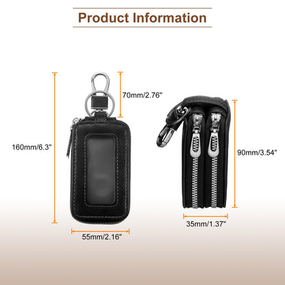 HARFINGTON 2Pcs Double Car Key Fob Case Leather RFID Smart Key Chain Keychain Holder with Metal Hook Keyring Zipper Bag for Remote Key Fob, Black