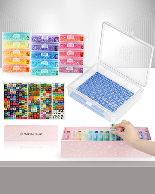 forever young Diamond Art Storage Containers Trays & Stand, 15 PCS Diamond Painting Trays with Lids for Adults & Hobbyists, 2-in-1 Organizer for Bead Sorting & Organized Workspace (Boxed Set)