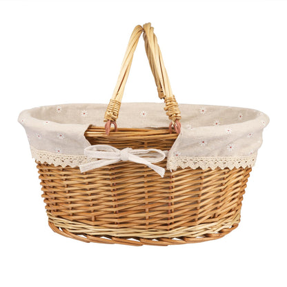 Large Multipurpose Wicker Basket with Handle, 14.2 x 11 x 6.7 in Wicker Picnic Basket with Liner, Empty Gift Basket, Oval Willow Woven Basket for Fruit, Wine, Gathering, Wedding, Picnic, by GNIEMCKIN