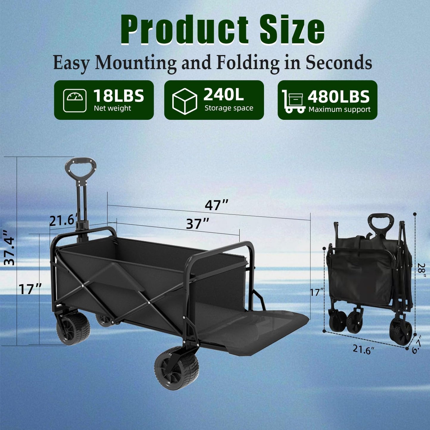 Joxir Collapsible Wagon Cart Foldable with Tailgate, 240L 480lbs Capacity, Heavy Duty Beach Wagon with Wheels Brake, Shopping Carts for Grocery, Camping, Garden Cart