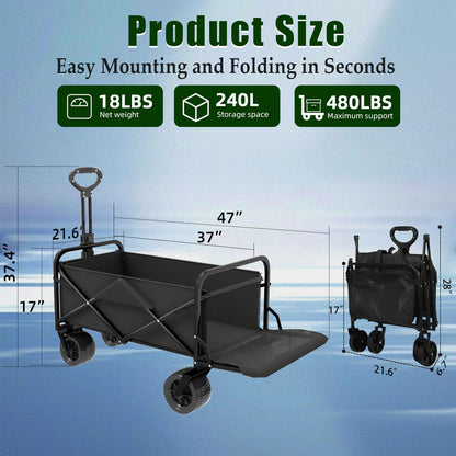 Joxir Collapsible Wagon Cart Foldable with Tailgate, 240L 480lbs Capacity, Heavy Duty Beach Wagon with Wheels Brake, Shopping Carts for Grocery, Camping, Garden Cart