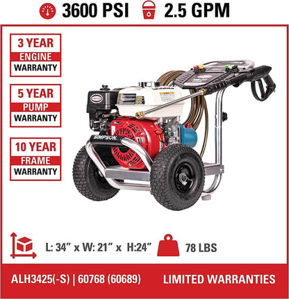 Simpson 3600 PSI Gas Pressure Washer, 2.5 GPM Commercial Power Washer, Cold Water, Honda GX200 Engine, 35' Hose, Aluminum Series, 49-State Compliant (ALH3425)