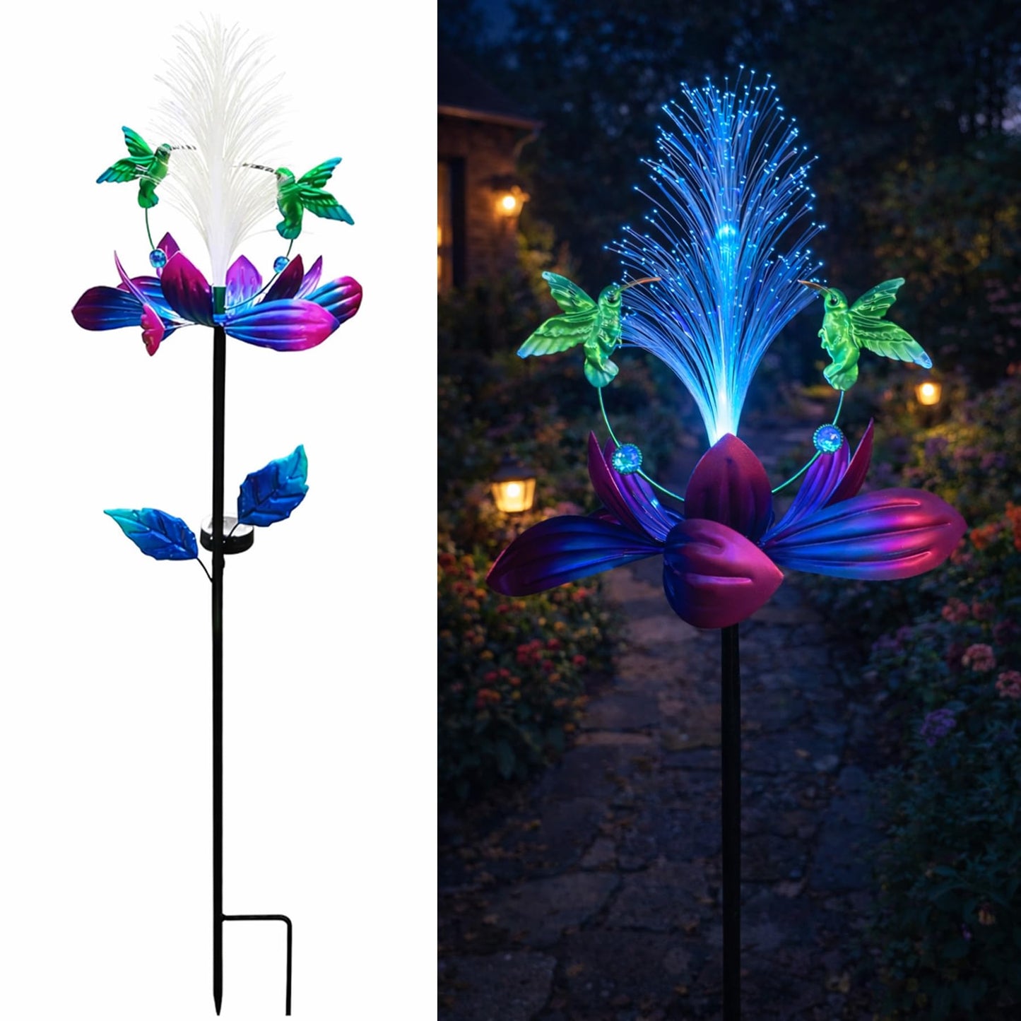 Solar Hummingbird Wind Spinner Outdoor 49 Inch Lotus Flower Metal Garden Windmill for Yard and Color Changing Fiber Optic Solar Yard Art Kinetic Wind Spinner Gift for Women Mother's Day Garden Gift