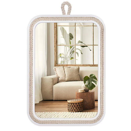 Nautical Rope Mirror Rectangle Wooden 22''Lx16''W White Decorative Mirror Farmhouse Hanging for Bathroom,Livingroom,Entryway-Beachy Coastal Wall Mirror Decor