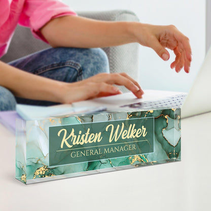 Name Plate for Desk, Desk Name Plate Personalized, Green Office Decor for Women Men, Acrylic Desktop Accessories, Office Gifts for Boss Nurse Teacher Coworker, Employee Appreciation Gift (Green Coast)