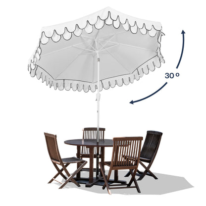 JONATHAN Y UMB1002D Tracy 9 ft. Classic MidCentury Scalloped Fringe Market Patio Umbrella with Auto-Tilt, Crank, Wind Vent and UV Protection in White/Black