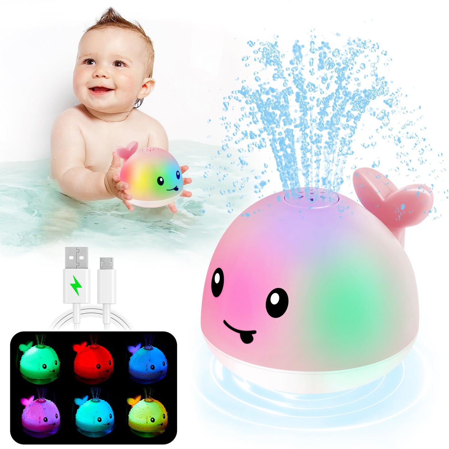 ANGGIKO Baby Girl Bath Toys, Pool Water Table Toy for Babies 1 Year Old Girl Gift, Toddler Bath Toys for Kids Ages 1-3 Light Up Whale Bath Toy Sprinkler Summer Bathtub Fountain Baby Toy 6-12-18 Months