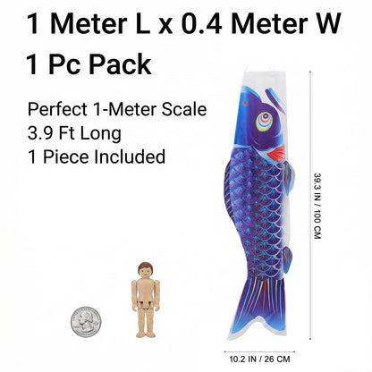 Japanese Koi Fish Windsock, 39 Inch Blue Koinobori Flag for Outside Garden Backyard Decor, Traditional Satin Wind Streamer for Children's Day, Weather Resistant Hanging Wind Sock Ornament