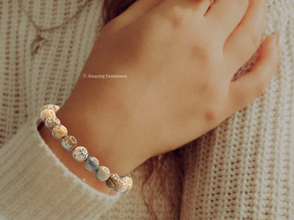 Amazing Gemstone Picture Jasper Bracelet for Women Men's Gifts - Protection Healing Crystal Bracelet - 8mm Beaded Adjustable Bracelet Pulseras Para Hombres Mujer Stocking Stuffers