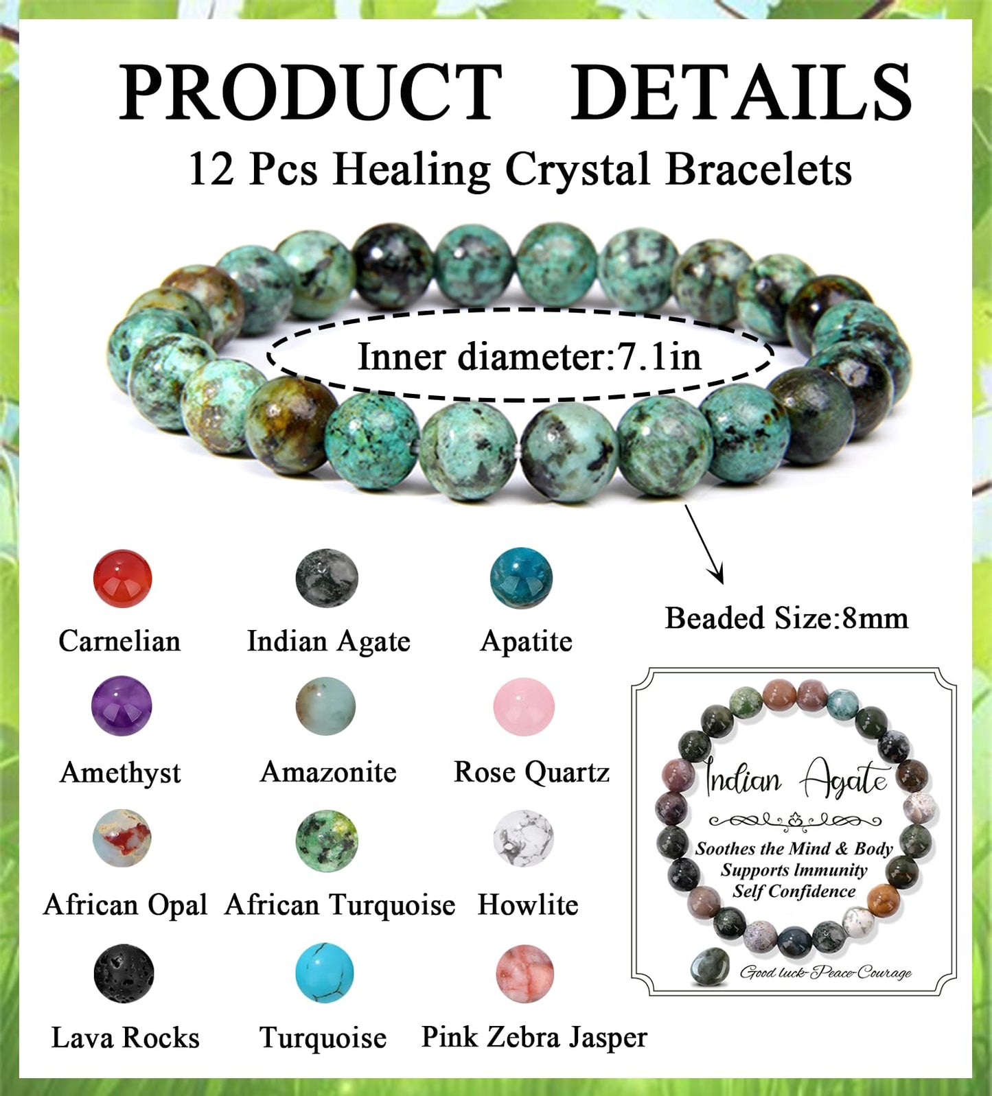 SAMOCO 12PCS 8mm Natural Crystal Bracelets for Women Men Semi-Precious Gemstone Beaded Bracelets Round Beads Gemstones Stretch Yoga Bracelet