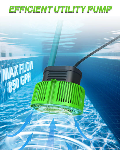 Pool Cover Pump above Ground - Submersible Water Sump Pump Swimming Water Removal Pumps, with Drainage Hose & 25 Feet Extra Long Power Cord, 850 GPH inGround, 3 Adapters
