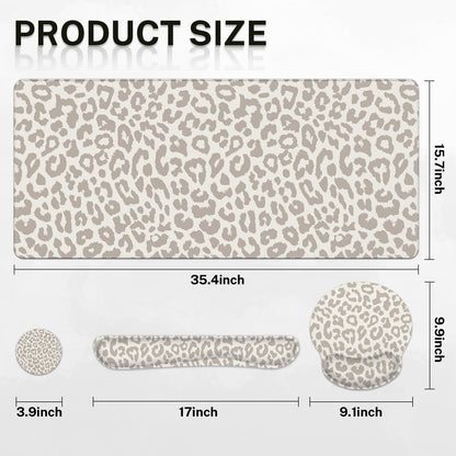 Arttown Leopard Light Khaki Desk Mat Animal Skin Mouse Pad Set 4 in 1 Ergonomic Design Large Desk Pad + Keyboard Wrist Rest + Mouse Wrist Rest + Coaster Suitable for Home Office Study Game