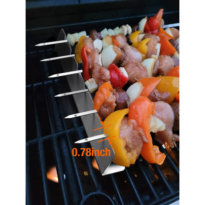 Kabob Skewers Rack Set of 2, Stainless Steel Skewers Holder with 6 Notch Compatible with Wood, Bamboo, Round, Metal, Flat Skewers for Grilling, BBQ Grilling Accessories (Pouch Included)