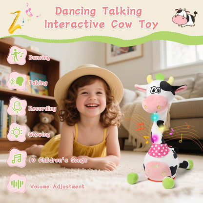 LLUKEME Cute Dancing Cow Interactive Plush Toy with Wiggling Neck | LED Lights | Voice Record & Repeat | 10 Children’s Songs | Funny Toy for Boys Girls Age 1-3