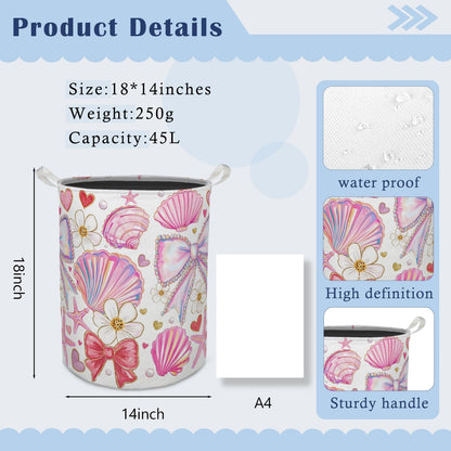 TAZSWDMM Preppy Bow Coastal Beach Laundry Basket Hamper, Coquette Seashell Starfish Ocean Foldable Clothes Toys Books Storage Box Bins Baskets Organizer for Girls Dorm Room Bathroom Home