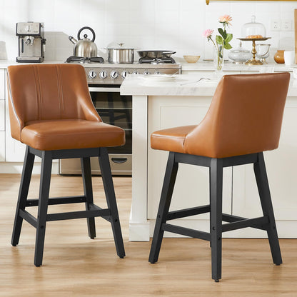 kinmars 27'' Counter Height Bar Stools Set of 4, Swivel Bar Stools with Backs, Modern Faux Leather Bar Stools for Kitchen Island, Solid Wood Legs, Adjustable Feet (PU - Brown, Set of 4-27" H)