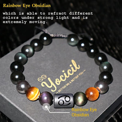 Yocicil Birthday Gift, Rainbow Black Obsidian Mens Bracelet, Couples Bracelets 10mm Natural Tigers Eye Hematite Bracelet, Zodiac Healing Crystal Bracelet Good Luck Gifts (Taurus gifts)