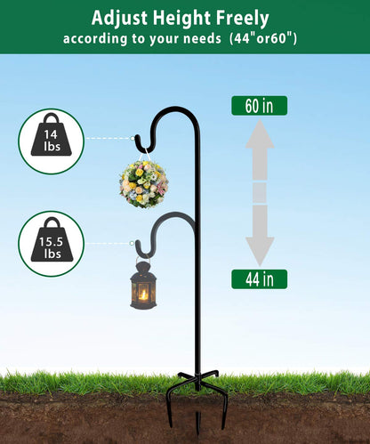 Artibear Adjustable Outdoor Shepherd Hook Stand with 5 Prong Base, 60 Inches Tall 3/5 in Thick, Shiny Black (2 Packs)