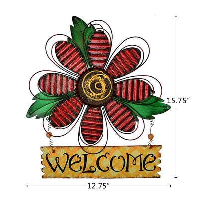 Metal Welcome Sign for Front Door - Decorative Flower Hanging Plaque Spring Wreaths Wall Art - Farmhouse Patio Garden Outdoor Decorations (Red, B)