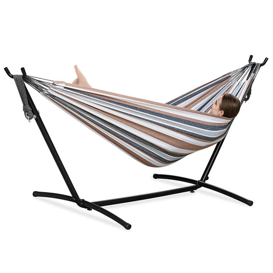 PNAEUT Double Hammocks with Stand for Outside, Portable Space Saving Heavy-Duty Steel Frame for Indoor Outdoor Patio Yard, Easy Assembly, 2 Person 450 lbs Capacity (Coffee)