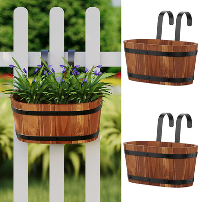 WELUKGUUD Hanging Wooden Flower Pots, Railing Planter for Any Balcony, Porch or Deck Countryside Style with Detachable Hooks for Garden Yard Home Decor (Brown)