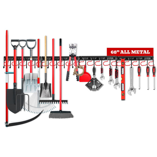 SEDY 68" All Metal Garden Tool Organizer Hooks - Garage Wall Organizer Sturdy Garden Tool Storage System Yard Tool Garage Tool Organizer Wall Mount Shed Organization Shovel Broom Rake Holder