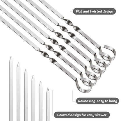 6 Pack Metal Skewers Grilling Stainless Steel BBQ Skewers Set, 6 Pack 40.5 cm / 16 Inch Metal Kebab Skewers with 2 × 30 cm Skewer Holders, Heavy Duty Flat Grill Skewers for Meat & Vegetables