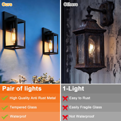 QueeuQ 2 Pack Modern Outdoor Wall Sconce Lights,Black Outdoor Wall Light Fixtures,Waterproof Outside Front Porch Lantern for House,Patio,Garage with E12 Base