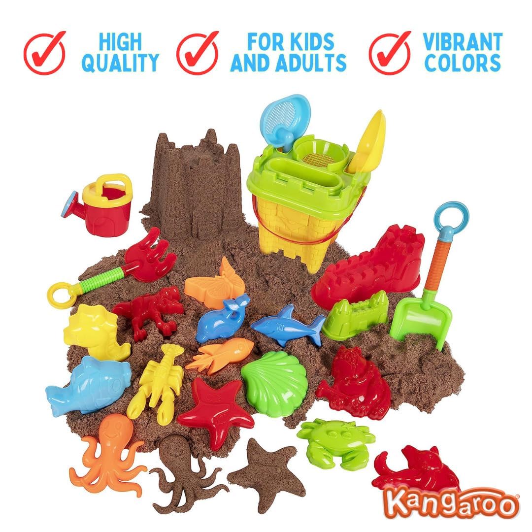 Kangaroo Beach Bucket Set for Kids - 23 Pcs Collapsible Sand Toys Set - Foldable Travel Pail and Shovel Set for Toddlers - Beach Essentials for Sand Castle Molds - Beach Toys for Kids Ages 4-8 & 8-12