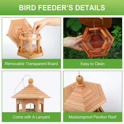 Liawm Wooden Bird Feeder for Outdoors Hanging, Red Cedar Hexagon Shaped Large Capacity, Cardinal Birdfeeder for Garden Decoration Yard, Weatherproof and Durable(Large)