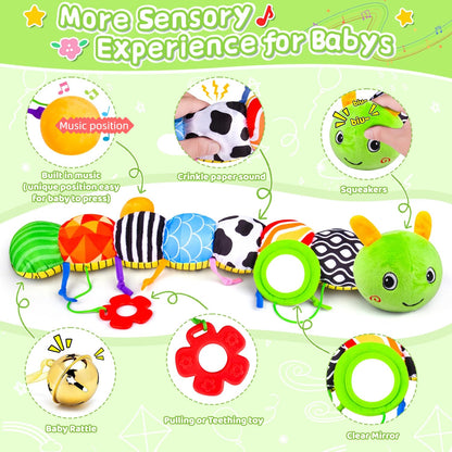 Vpkefla Baby Toys 0-6 6-12 Months, Stuffed Animal Infant Tummy Time Toys Sensory Toys with Crinkle, Rattles, Textures and Mirror Gifts for Newborn Boy Girls Toddlers, Caterpillar Musical Toy (Green)