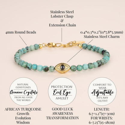 COAI African Turquoise Bracelet for Women, Evil Eye Charm Crystal Beaded Bracelet for Women 4mm