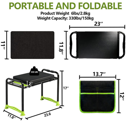 Garden Kneeler and Seat, Heavy Duty Gardening Stool with 1.8" Thick Detachable Kneeling Pad, Foldable Bench Chair with 2 Tool Pouches for Knee & Back Pain Relief for Women, Men, Seniors (Green)