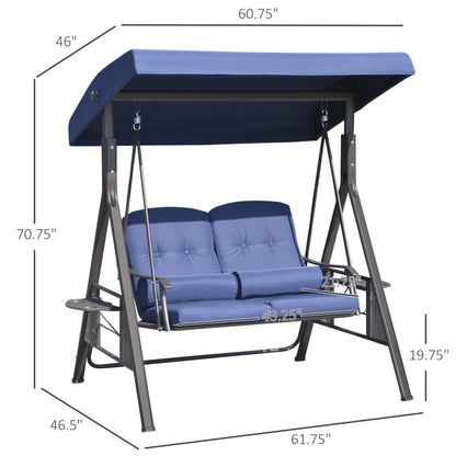 Outsunny 2-Person Patio Swing Bench with Adjustable Shade Canopy, Soft Cushions, Throw Pillows and Tray, Dark Blue