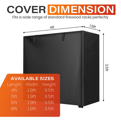 4ft Waterproof Firewood Rack Cover - Heavy Duty Black 600D Oxford Fabric - Indoor Or Outdoor Firewood Log Cover with Zipper & Adhesive Closing Strips - Rack NOT Included - Black